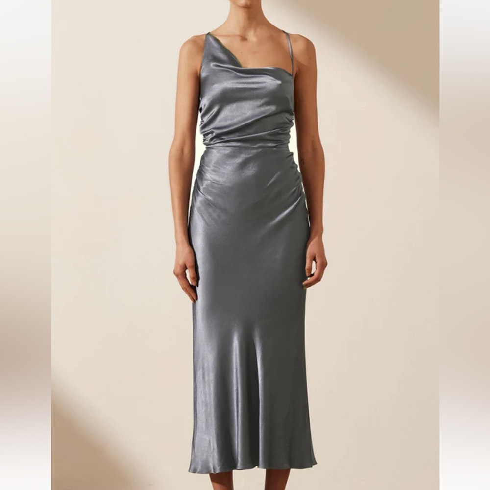 SHONA JOY LA LUNE ASYMMETRICAL BIAS COWL MIDI DRESS - BLUE SMOKE